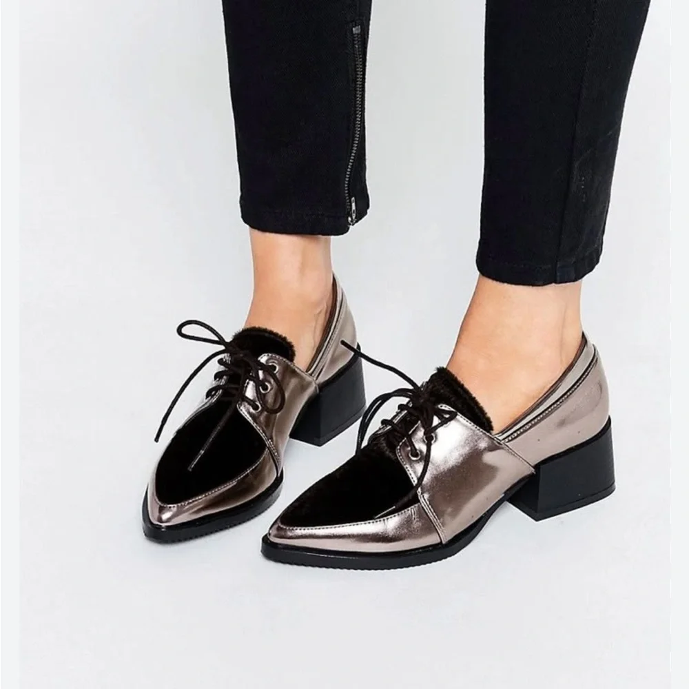 Lost Ink Metallic Pewter & Black Pointed Lace-Up Heels